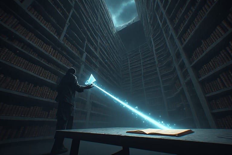 A lone figure stands in a dark, vast library. They hold a luminous object that projects a brilliant beam of light onto a manuscript, illuminating it against the surrounding shadows.